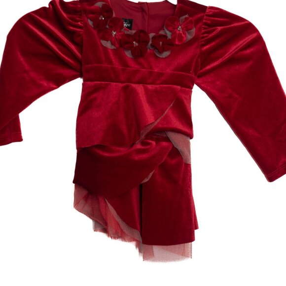 Isobella & Chloe Size 3T Girls Red Velvet Dress With Floral Appliqués & Tulle - Picture 3 of 8